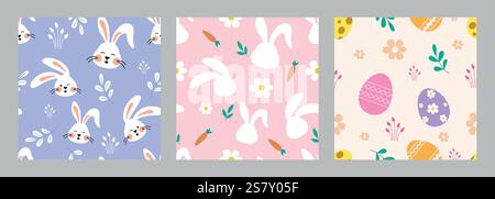 Easter seamless pattern clipart background set. Happy easter continuous poster collection with bunny, eggs and flowers decoration elements clip art. Stock Vector