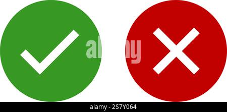 Green check mark, red cross, x mark icon set, flat rounded right and wrong vector sign concept. tick mark symbol and x cross icon in circle shape. Stock Vector