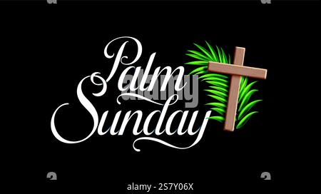 Palm sunday greeting clipart design. Jesus christ is risen with wood cross religious symbol for god resurrection catholic celebration in blue Stock Vector