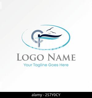Logo design graphic concept creative premium vector stock image graphic initial CR font beach birds wave sunrise island travel tourism exotic paradise Stock Vector