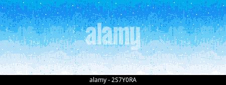 Pixel bitmap pattern, white blue gradient shade. Vertical pixelated streaks cascade downward. Digital rain effect with scattered luminous dots. Cyberpunk game background. Retro 8 bit videogame effect Stock Vector