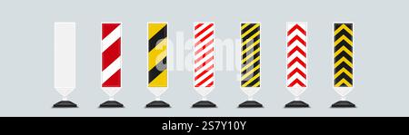 Road barrier post collection showing different warning patterns - plain white, diagonal red and white stripes, yellow and black lines, arrow designs. Traffic safety markers for construction areas. Stock Vector