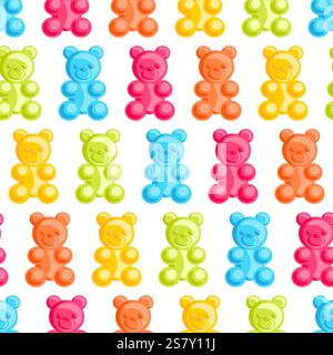 This vibrant seamless pattern features rainbow-colored jelly bears arranged diagonally. The playful design showcases a mix of cheerful hues, creating Stock Vector