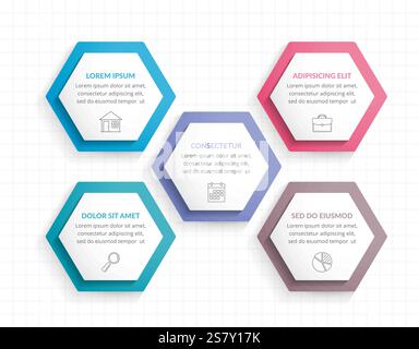 Infographic template with five hexagons with line icons, process chart, vector eps10 illustration Stock Vector