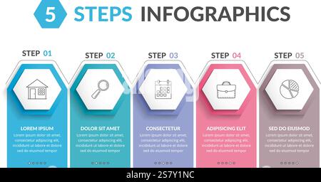 Infographic template with 5 hexagons with line icons, process chart, vector eps10 illustration Stock Vector