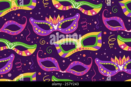 Vector seamless festive pattern with masks, confetti, ribbon on violet background. Texture on the Mardi Gras holiday. Flat hand drawn holiday wallpape Stock Vector