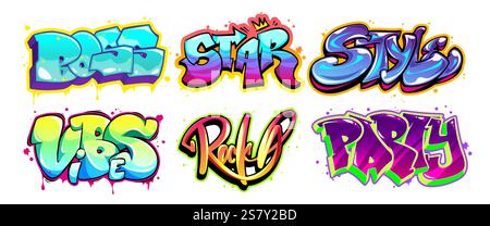 Graffiti cartoon lettering collection in bright gradient colors. Street art typography designs with decorative text painted with spray paint effect, drips, splatter marks, outlines. Urban style words. Stock Vector