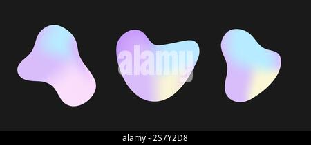 Freeform colorful shapes. Holographic irregular random blobs. Modern graphic design elements. Vector set isolated on black background Stock Vector