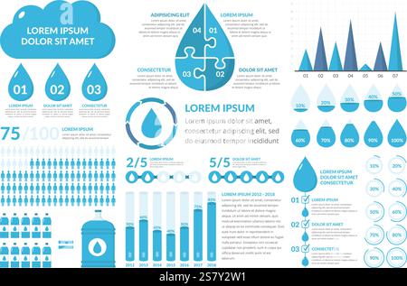 Water infographic elements - drops, bottles, people, graphs, percents, vector eps10 illustration Stock Vector