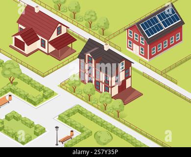 Isometric neighborhood with houses, trees, and gardens. Ideal for housing or real estate illustrations. Vector illustration. Stock Vector