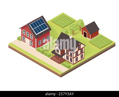 Isometric block with layers of earth. Village setup with houses featuring solar panels, gardens, fields, and a small shed. Perfect for housing and rur Stock Vector