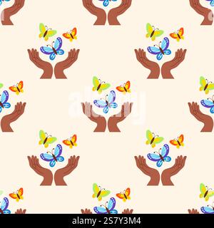 Seamless pattern. Multicolored rainbow butterflies fly out from dark-skinned palms of hands on light beige background. Vector illustration in flat sty Stock Vector