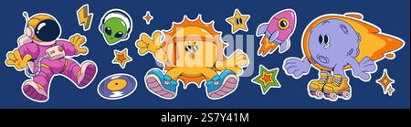 Groovy universe sticker pack - fun cosmic elements. Flying astronaut, alien in headphones, sun with headband, roller skating planet with comet fire trail, pink rocket, colorful stars and vinyl record. Stock Vector