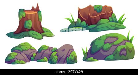 Natural swamp scenery elements - weathered tree stump, broken log and scattered rocks covered in lush moss patches and grass tufts. Forest landscape components - stones and vegetation environment. Stock Vector