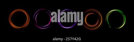 Neon light circles set isolated on black background. Vector realistic illustration of round yellow, orange, pink, green color portal glowing in darkness, futuristic portal design, abstract space swirl Stock Vector