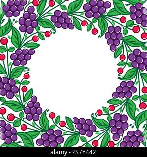 Greeting card with floral grapes frame design with empty space for text - Polish folk art from Zalipie Stock Vector