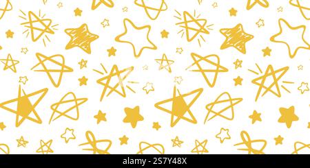 Pencil drawing of yellow stars seamless pattern. Stars of different shapes and sizes in doodle sketch style background. Cute starry elements brush Stock Vector