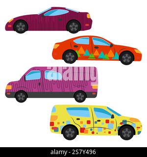 A set of four cars painted in different colors. Vector illustration Stock Vector
