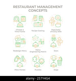 Restaurant management duo tone concept icons Stock Vector