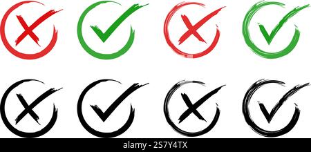 check mark, cross, x mark icon set in green, red, and black colors, Hand drawn right and wrong vector sign in circle brush stroke outline shape. Stock Vector