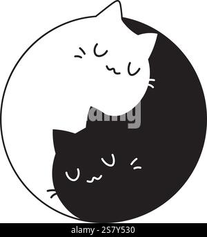 Black and white graphic of two cats forming a yin yang symbol on a dark background. Stock Vector