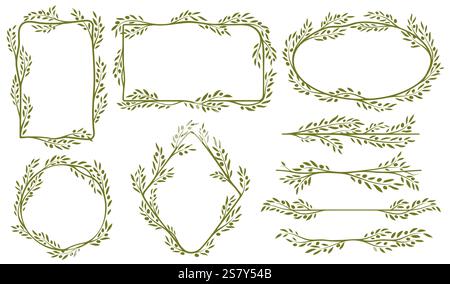 Green olive frames and borders with leaves, tree branches and fruits. Vector circle, square, rectangle and oval frames, border lines and dividers set Stock Vector