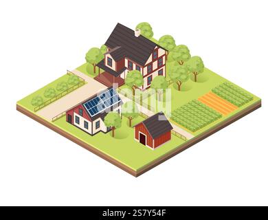 Isometric block with layers of earth. Rural area with multiple houses, solar panels, gardens, and farm plots. Perfect for countryside, farming, or sus Stock Vector