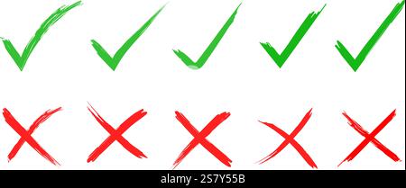 Green check mark, red cross, x mark icon set in brush stroke style, Hand drawn right and wrong vector sign. Green tick mark symbol and red x, cross Stock Vector