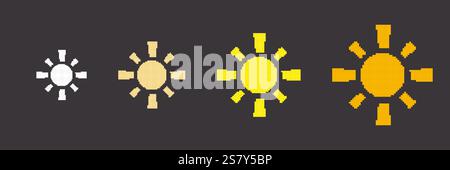 Sun Icons in Pixel Art Style. Various Sun Shapes and Gradient Colors in Retro Pixelated Format. Nostalgic Design. Isolated Vector Illustration Stock Vector