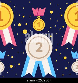 Seamless pattern with medals and ribbons in gold, silver, and bronze arranged in a decorative layout. Perfect for competition themes, awards, or event Stock Vector