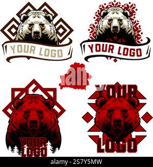 Logos with a bear s head and patterns in the Slavic style. Stock Vector