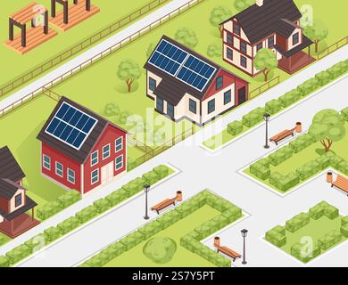 Isometric neighborhood with houses featuring solar panels, greenery, and a garden. Ideal for housing or environmental projects. Vector illustration. Stock Vector