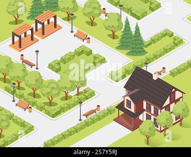 Isometric park with trees, benches, and pathways in a residential area. Suitable for outdoor or real estate visuals. Vector illustration. Stock Vector