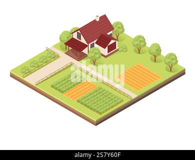 Isometric block with layers of earth. Farm with a red house, vegetable plots, trees, and pathways. Ideal for rural landscapes, agricultural designs, o Stock Vector