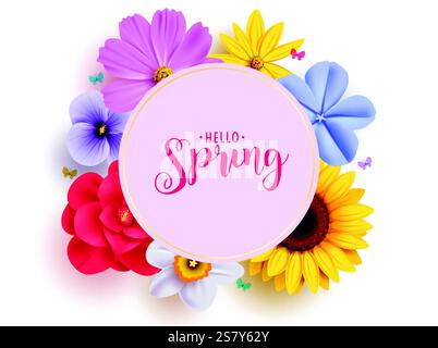 Spring hello greeting clipart template. Hello spring greeting text in circle frame with sunflower, daisy, crocus and chamomile bouquet flowers Stock Vector