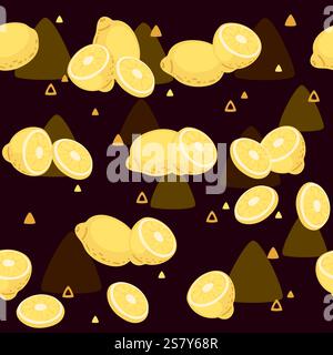 Seamless pattern of fresh yellow lemons. Halved and whole citrus tropical fruit, with juicy segmented juice sac. Vector illustration on dark backgroun Stock Vector