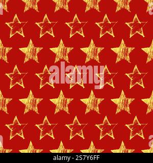Seamless Pattern with hand drawn yellow Stars on red background. Abstract grunge texture. Vector illustration Stock Vector