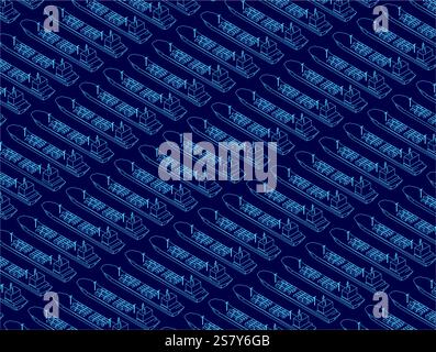 Blue image of many ships. The ships are all different sizes and shapes. Isometric view Stock Vector