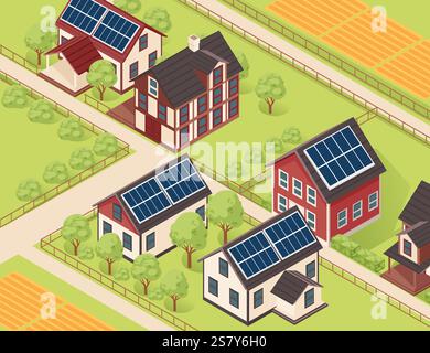 Isometric neighborhood with houses featuring solar panels, gardens, trees, and vegetable plots along structured pathways. Ideal for sustainable living Stock Vector