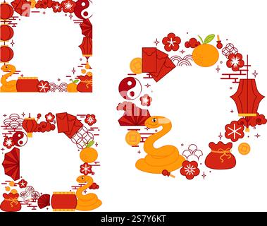 Chinese New year of snake vector graphic line round circle frame set. style banner frame scroll board decoration on transparent background Stock Vector