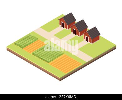 Isometric block with layers of earth. Farmland with fields, pathways, and small red houses. Perfect for agricultural designs, rural development, or co Stock Vector