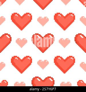 Simple pixel hearts seamless pattern. Video game 8 bit elements, health bar indicator, romantic and love symbol. Decor textile, wrapping, wallpaper Stock Vector