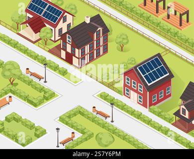 Isometric street view with houses, solar panels, and greenery. Great for residential or cityscape designs. Vector illustration. Stock Vector