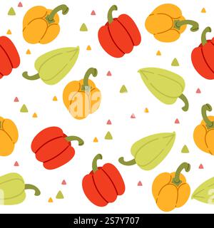 Seamless pattern. Assorted bell peppers - red, green, and yellow. Fresh vegetable bulgarian pepper. Sweet paprika set, natural ripe veggies. Flat vect Stock Vector