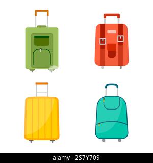 Set of four wheeled travel bags with luggage on white background. Suitcase for journey trip in flat style. Vector illustration Stock Vector