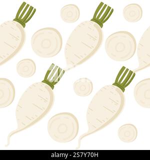 Seamless pattern. Fresh tasty white daikon with green tops. Radish organic food, agriculture crop. Whole and slice root vegetable. Vector illustration Stock Vector