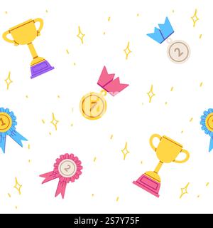 Trophy cups, medals, and ribbons in gold, silver, and pink with decorative elements. Perfect for sports events, awards, or celebratory designs. Vector Stock Vector