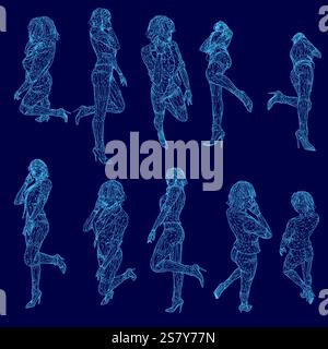 Series of blue images of women in various poses. The mood of the images is playful and lighthearted, with the women appearing to be having fun and enj Stock Vector
