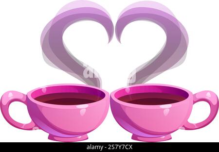 Cartoon Two pink coffee cups with steaming hearts rising, symbolizing love, Valentine day, warmth, and connection. Isolated vector romantic and cozy s Stock Vector
