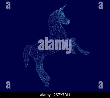 Blue unicorn is jumping in the air. The image is a digital rendering of a horse, with a blue background. The unicorn is the main focus of the image, a Stock Vector